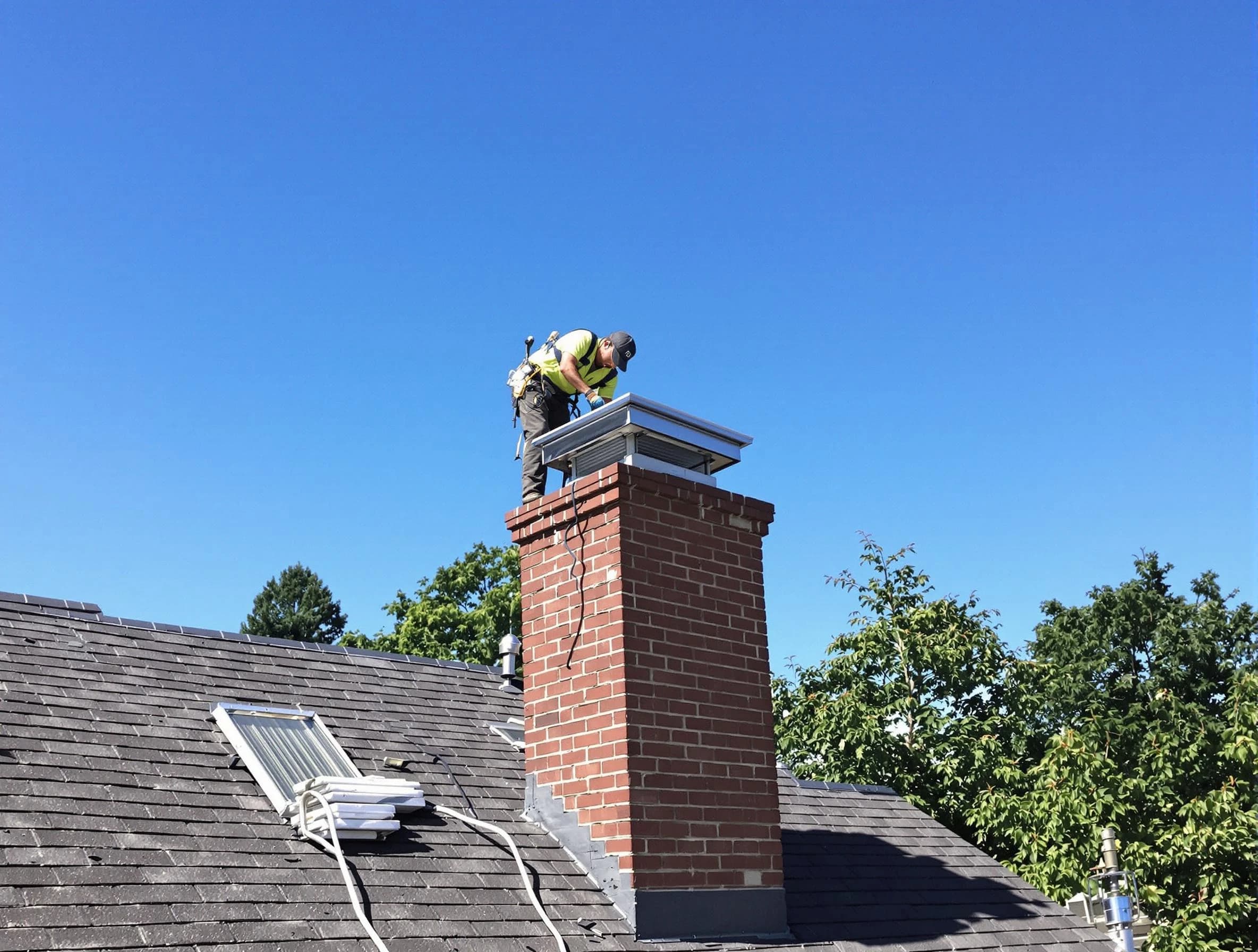 Montgomery Chimney Sweep technician measuring a chimney cap in Montgomery, NJ